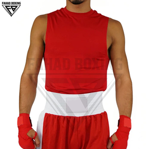 Wholesale Red & White Boxing Singlet & Shorts Set with <b>Stretch</b> Breathable Lightweight 100% Polyester for Competition - Product Image 2