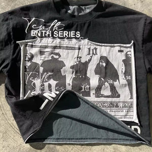 ผู้ผลิตเสื้อผ้าสตรีทแวร์แบบ OEM รับผลิตตามสั่ง ปักลายขาดๆ แบบ Distressed พิมพ์ลายสกรีน เสื้อยืดผู้ชายแขนยาวสองชั้น - Product Image 3