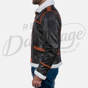 Veste en cuir véritable noir pour homme, doublée de fourrure de mouton véritable, style aviateur, pour l'hiver, avec col en fourrure - Product Image 3