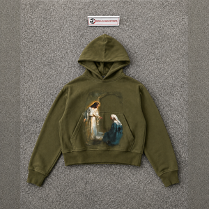 เสื้อฮู้ดดี้วินเทจคุณภาพใหม่ลายพระเยซูคริสต์ปรากฏต่อพระแม่มารี สีเขียวมะกอก สไตล์คริสเตียน ขนาดโอเวอร์ไซส์ เหมาะสำหรับเป็นของขวัญและสวมใส่สบาย - Product Image 5