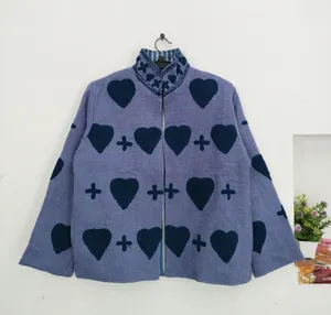 Handmade Bohemian TNT Color Suzani <b>Jacket</b> for Women Purple Cotton Heart Applique Reversible <b>Kantha</b> Style Layering Coat - Product Image 3