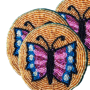 Classic Pink Butterfly Design <b>Beaded</b> <b>Coaster</b> Hand Embroidered Glass Table Mat for Wedding Christmas Parties at Price - Product Image 2