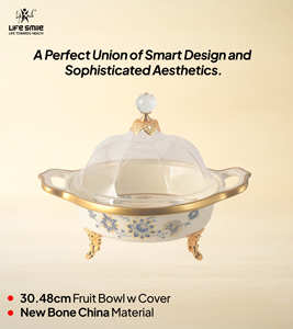 Plato para servir con tapa transparente tipo domo, material de porcelana fina, aspecto moderno y lujoso de alta calidad con soportes dorados. - Product Image 2