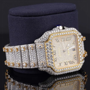 Reloj de Lujo Retro con Esfera Cuadrada de Dos Tonos, Completamente Adornado con Diamantes Moissanite, Cuarzo, Números Romanos y Caja de Acero Inoxidable - Product Image 2
