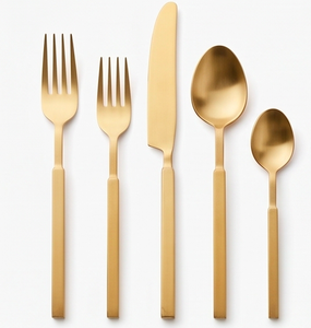 Ensemble de couverts or mat 5 pièces, design minimaliste, compatible lave-vaisselle, manche en métal, pour mariage, couverts et ustensiles de cuisine - Product Image 1