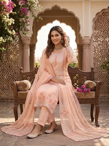 Elegant Peach Embroidered Summer/Spring Winter Party Pakistani Suit Set Organza Dupatta | Designer Sequins Work Kurta Palazzo - Product Image 4