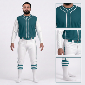 Ensemble de vêtements de baseball pour hommes, pantalon et maillot en jersey uni, manches courtes, col en V, respirant, coupe personnalisée, toutes saisons, couleur blanc et turquoise, 100% coton - Product Image 6