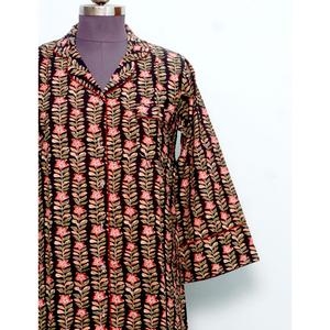 Indian Cotton Women's Midi Dress Hand Block Floral Printed Cute Vintage Style for Spring Winter Summer Casual Party <b>Button</b> - Product Image 2