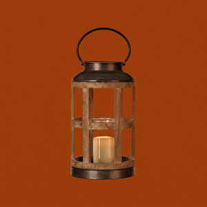 Hermosa Linterna Cilíndrica de Madera con Detalles Metálicos Oscuros, Pantalla de Vidrio y Asa para Colgar, para Decoración Rústica del Hogar - Product Image 2