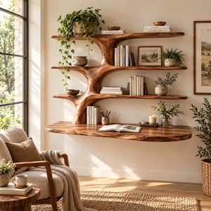 Bureau mural contemporain en bois artisanal Luxali avec étagère en forme d'arbre, plusieurs étagères et tiroir pour bureau à domicile - Product Image 1
