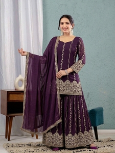 Ensemble Kurti Sharara en soie froissée tendance avec dupatta brodée de sequins, tenue élégante pour mariage et fêtes (MW 1289) - Product Image 6