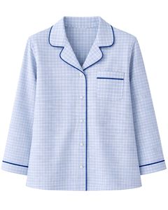 Ensemble de pyjama pour femme en coton bleu clair à carreaux, manches longues, boutonné, vêtements de nuit doux et respirants, ensemble de détente deux pièces - Product Image 1