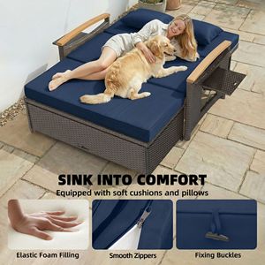 Lettino da Esterno Regolabile in Rattan con Schienale a 4 Livelli, Divano Letto da Patio Blu Navy con Pouf Contenitore e Braccioli in Legno di Acacia - Product Image 5