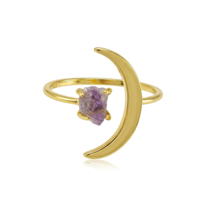 925 Sterling Silver Raw Amethyst <b>Moon</b> <b>Ring</b> Natural Rough Crystal Prong Set Certified Gold Vermeil Handmade Boho Gemstone <b>Ring</b> - Product Image 1
