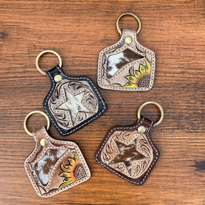 Personalized Hair on Tooled Leather Keychain Hand Stitched Leather Sunflower <b>Key</b> <b>Fob</b> Western Genuine Leather Cowgirl Keyrings - Product Image 3
