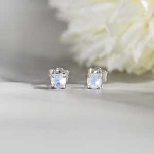 Natural Moonstone <b>Stud</b> Earrings 925 Sterling <b>Silver</b> Prong Setting Natural Gemstone Round <b>Studs</b> Jewelry For Women - Product Image 2