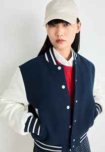 Women's Navy Blue Varsity <b>Jacket</b> Knitted Viscose Solid Color Preppy Style Stand Collar <b>Short</b> <b>Sleeve</b> Regular Fit Autumn Wear - Product Image 4