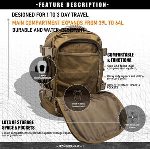 Sac à dos tactique BAGNEX Molle avec cordon élastique et fermeture à glissière, robuste, pour la randonnée en plein air, 35L - Product Image 2