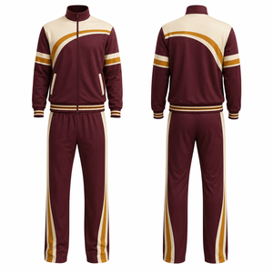 Ensemble de survêtement unisexe marron crème et or avec blocs de couleur, fermeture éclair intégrale, style sportif, avec poches latérales, coupe classique, pour l'automne - Product Image 1