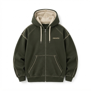 Custom Olive Green Full Zip <b>Hoodie</b> Contrast <b>Stitching</b> <b>Oversized</b> Streetwear Hooded Sweatshirt - Product Image 1