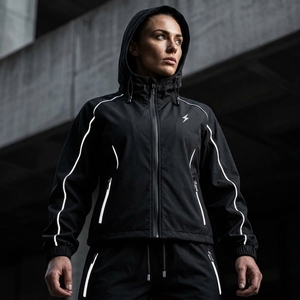 Conjunto Deportivo de Dos Piezas para Mujer, Sudadera con Capucha Negra, Cierre de Cremallera, Resistente al Viento, Manga Larga, Pantalones Deportivos de Color Sólido - Product Image 6