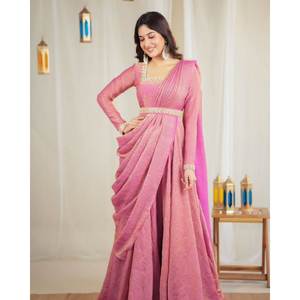 Magnifique robe fourreau faite à la main avec dupatta, taille empire, taille XL, en tissu organza, idéale pour les soirées. - Product Image 1