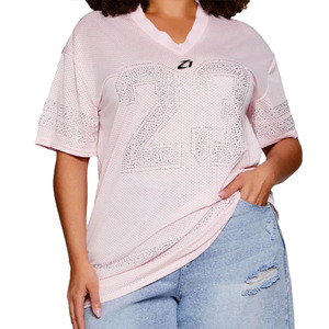 Trendy Custom Pink Sparkly Rhinestone Streetwear Jersey Y2K Rhinestone Number Graphic V-Neck T-shirt Wholesale Rhinestone jersey - Product Image 6