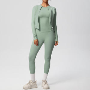 High Quality Custom Logo Women's 2-Piece Gym <b>Yoga</b> Sports Tracksuit Casual Knit Fabric Solid Long Sleeve Zipper <b>Jacket</b> Legging - Product Image 2