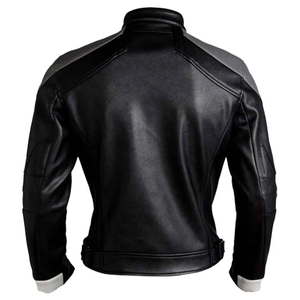 Men Genuine Leather Motorcycle Jacket Black White Color Blocking Stand Collar Zipper Closure Moto Biker Style Autumn Wear - Product Image 6
