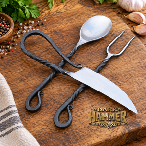 Juego de cubiertos forjados a mano, cuchillo, tenedor y cuchara con mangos retorcidos, estilo rústico medieval, vajilla metálica, utensilios de comedor hechos a mano - Product Image 2