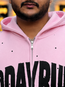 Sweat à capuche rose pour homme avec imprimé, fermeture éclair, style streetwear, coupe ample, manches classiques, tissu French Terry, prix raisonnable - Product Image 3