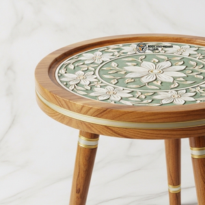 Green Meena Design Wooden <b>Stool</b> – Handcrafted Round Decorative Tripod <b>Stool</b> - Product Image 4