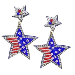 Women's Vintage USA Star Flag Beaded Earrings Patriotic Orange White Blue for Weddings or <b>Memorial</b> Days - Product Image 1