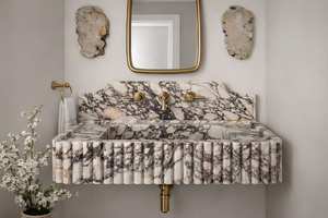 Lavabo en marbre Calacatta Viola à bord cannelé, lavabo de salle de bain moderne avec égouttoir, capacité 12L pour usage en entrepôt - Product Image 2