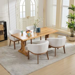 Sedie da Cucina e Sala da Pranzo in Stile Mid-Century Modern Farmhouse, Rivestite in Lino e PU, con Braccioli a Botte, in Legno Naturale Massello - Product Image 6