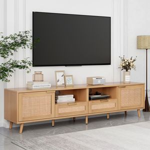 Mueble de TV Moderno Estilo Farmhouse para Televisores de hasta 85 Pulgadas, Centro de Entretenimiento de Madera Sólida con Patas de Madera Sólida y Ratán, Gabinete de Madera Sólida por Li - Product Image 1