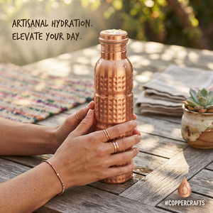 <b>Copper</b> Water Bottle with Hammered Texture Design <b>Screw</b> Cap Portable Reusable Flask for Travel Minimalist Style - Product Image 2