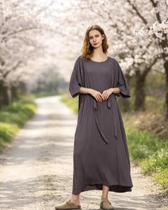 Premium Grey O-Neck Plain Maxi Linen <b>Dress</b> With Tie Front Drop Shoulder <b>Loose</b> Fit Casual Summer Solid Color <b>dress</b> For Women - Product Image 1