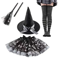 Costumes de sorcière pour femmes adultes, élégants et effrayants pour Halloween, avec chapeau pointu classique, jupe en tulle fluide et balai de sorcière