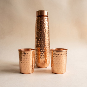 Rich Copper Water Bottle with Two Glass Hammered Design For Hydration Yoga & Ayurveda Inspired Drinkware Bottle With Packaging - Product Image 1
