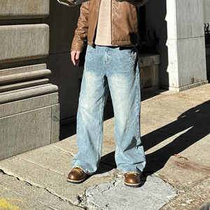 New Fashion Men Jeans <b>Straight</b> Leg High Street Vintage Wash Whiskers Distressed Frayed Underneath - Product Image 3
