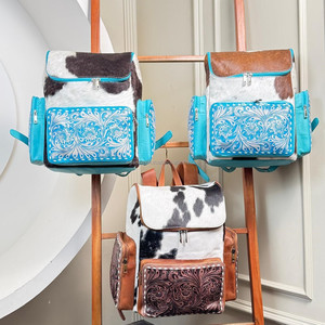 Cuir de fourrure de vachette usiné à la main sculpture élégant sac à dos sacs d'école couleur Turquoise unisexe beau sac de créateur sac multi-usage - Product Image 4