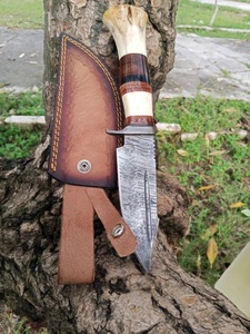 Couteau de chasse multifonctionnel artisanal en acier Damas, lame fixe à pointe tombante, pour le camping en extérieur, manche en bois de cerf - Product Image 2