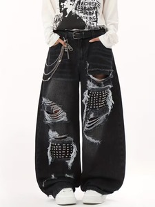 Jean large noir unisexe style rétro américain, clouté et vieilli, tendance streetwear hip-hop, polyvalent - Product Image 2