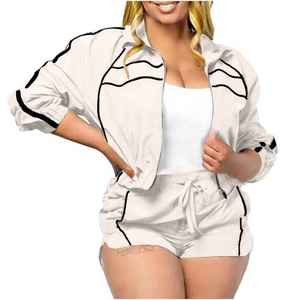 Ensemble de survêtement sportif deux pièces blanc pour femme avec fermeture éclair et bordure noire, short et veste amples, tenue décontractée printemps-été - Product Image 4