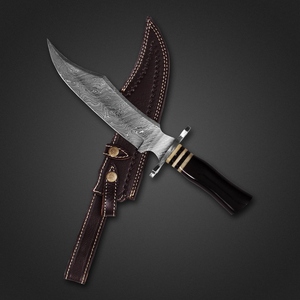 Top Selling Bowie Camping Knife Damascus Steel Hunting Knife Bull Horn Handle with Brass Rings - Product Image 1