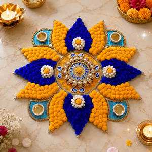 Decoración Rangoli Hecha a Mano para Diwali con Flores de Pompones, Espejos y Soporte para Diya, para Decoración Festiva del Hogar - Product Image 1