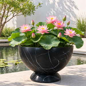 Pot de fleurs moderne en fibre de verre sur mesure avec finition effet pierre, élégant récipient en forme de bol pour la décoration extérieure - Product Image 2