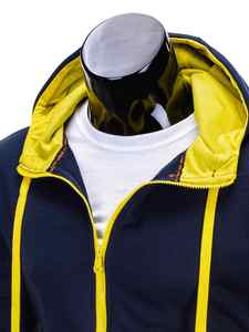 <b>Men's</b> <b>Navy</b> Blue Hooded Zip-Up Windproof 100% Cotton <b>Fleece</b> Slim Fit Casual Knitted Hoodie with Yellow Trim Autumn Wear - Product Image 3