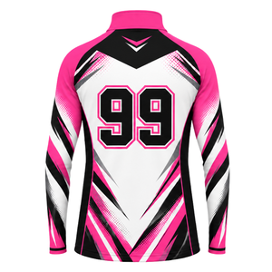 T-shirt de sport à col zippé rose, blanc et noir, à manches longues, pour l'entraînement athlétique, la course à pied, les tenues d'équipe, les vêtements de sport personnalisés haute performance - Product Image 2
